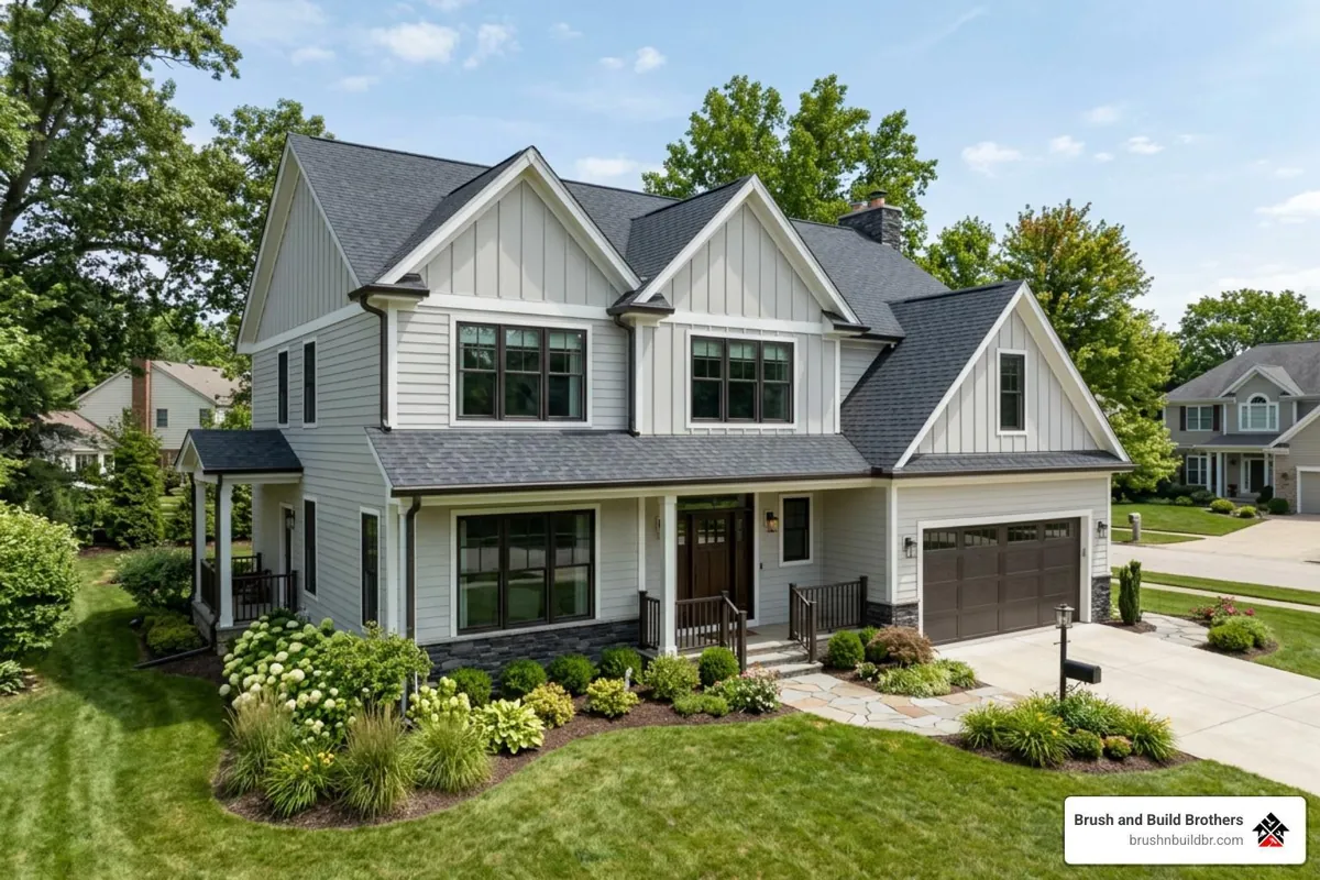 Agreeable Gray exterior with a charcoal roof and dark bronze trim