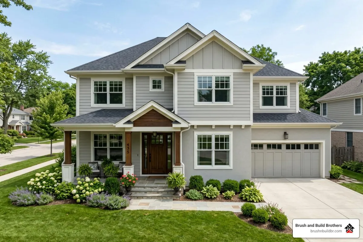 Home exterior with Agreeable Gray paint on lap siding, board-and-batten and stucco
