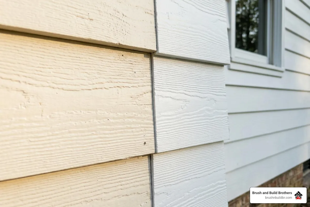 Warm and cool white paint samples side by side on exterior lap siding