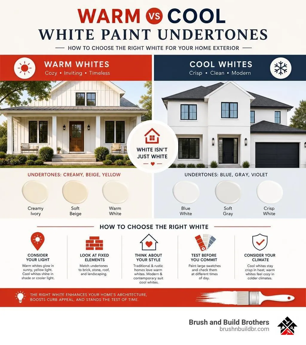 Infographic comparing warm and cool white paint undertones and how to choose the right white for a home exterior