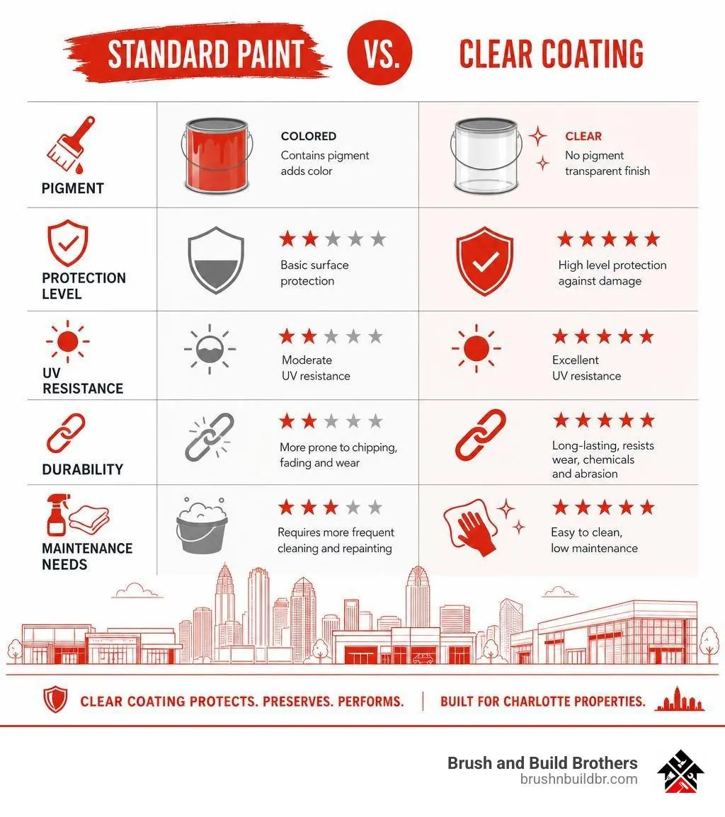 Infographic comparing standard paint and clear coating on pigment, protection, UV resistance, durability and maintenance