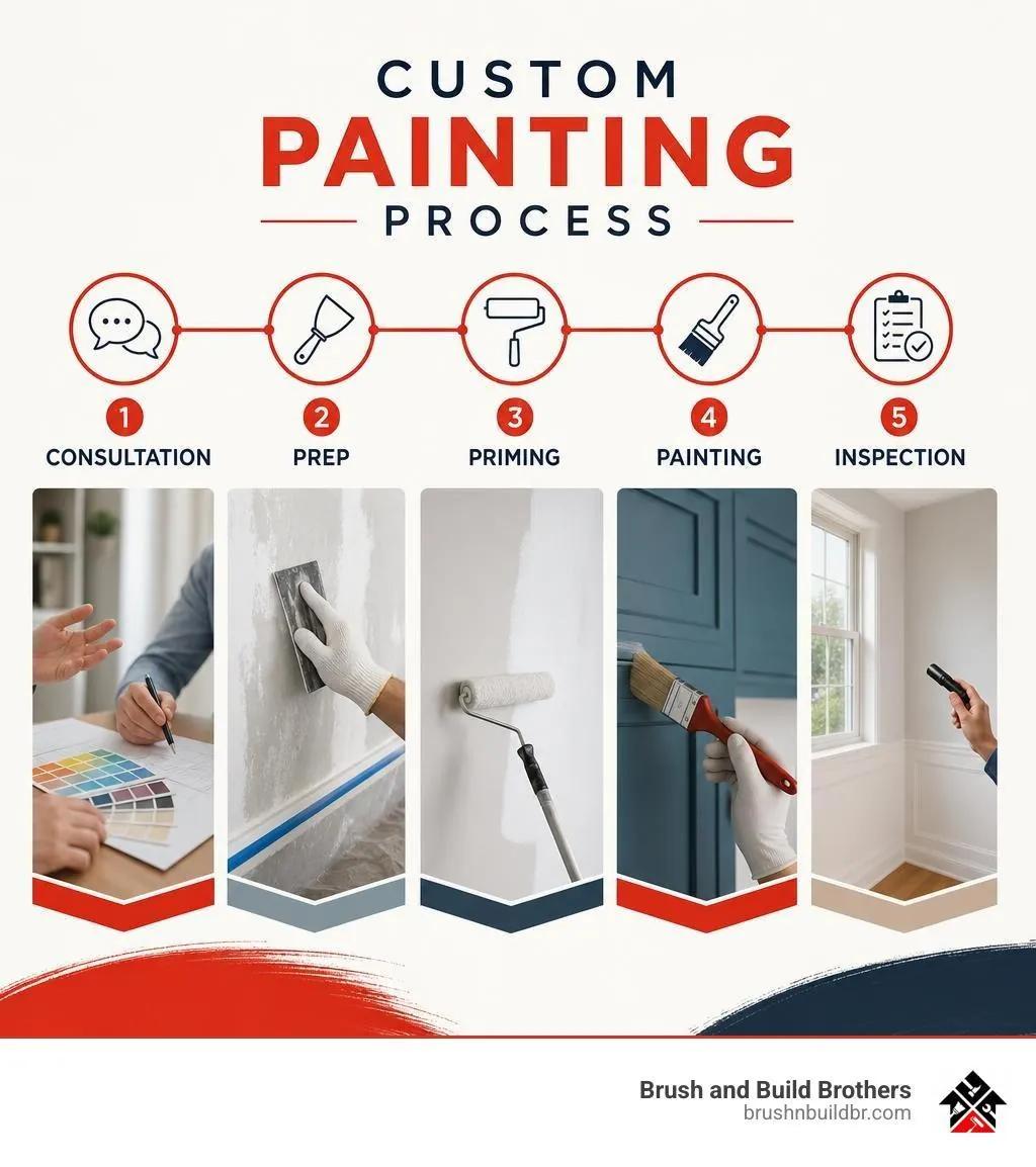 Custom painting process infographic: consultation, prep, priming, painting and inspection