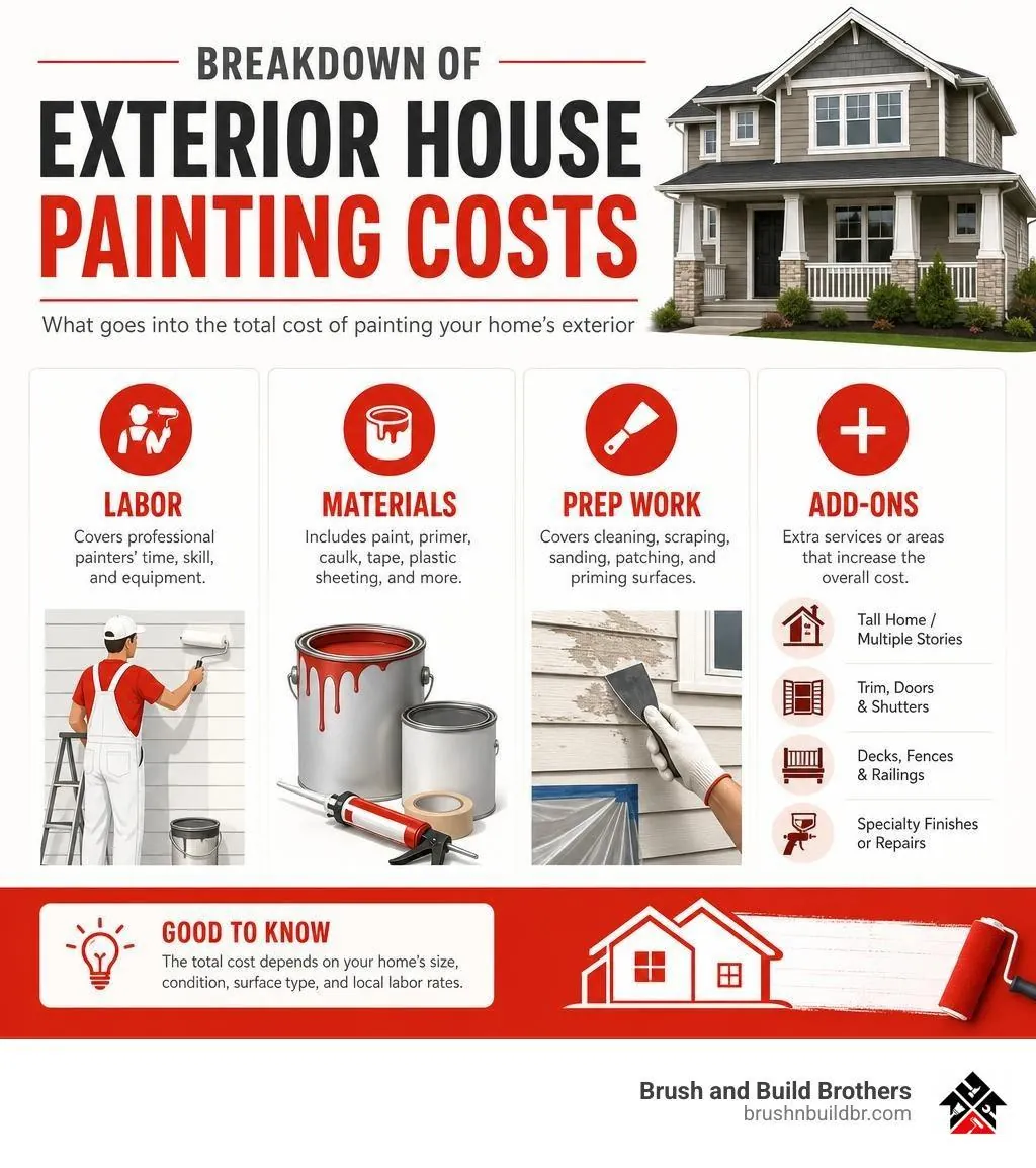 Infographic breaking down exterior house painting costs: labor, materials, prep work and add-ons