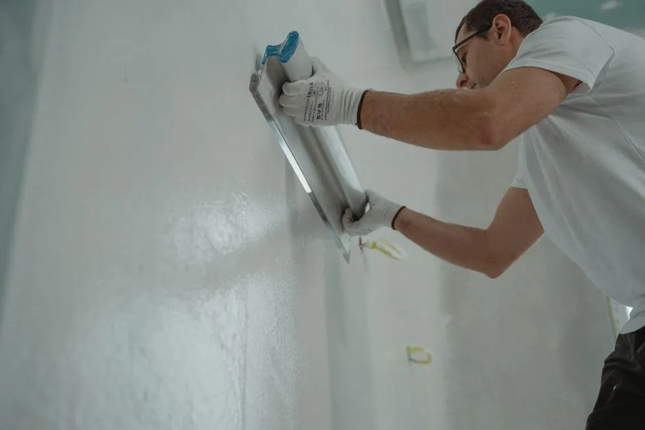 Worker smoothing a wall surface during preparation before painting