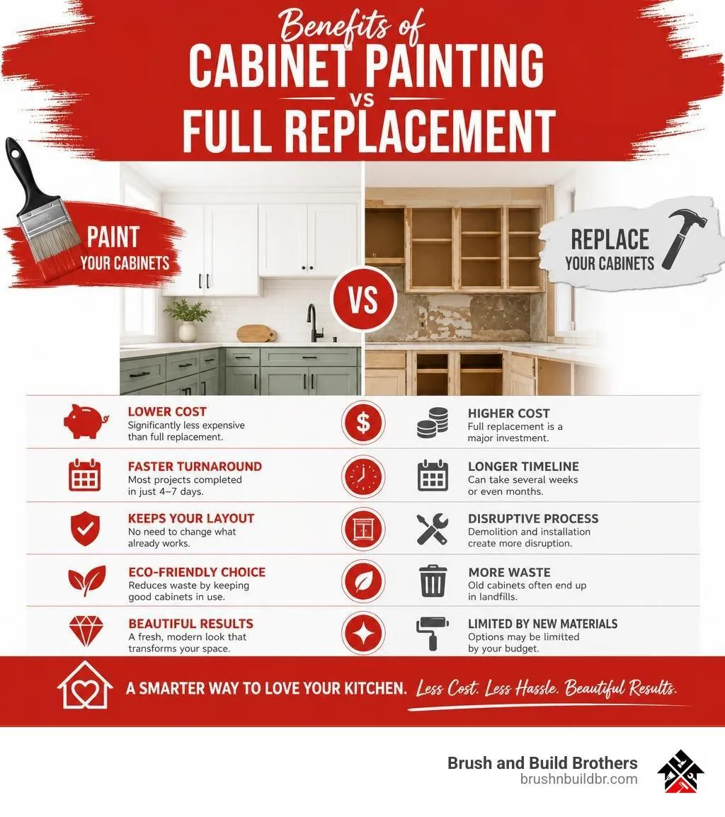 Infographic comparing the benefits of cabinet painting versus full cabinet replacement