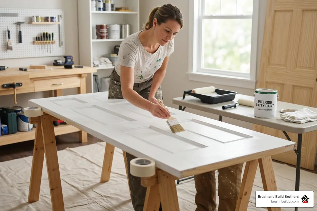 Painting a paneled door laid flat on sawhorses