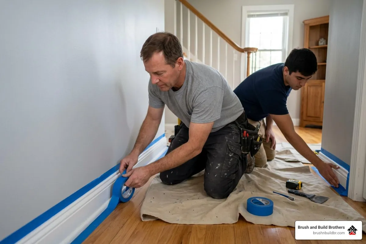 Painters applying blue painter's tape to baseboards before interior painting