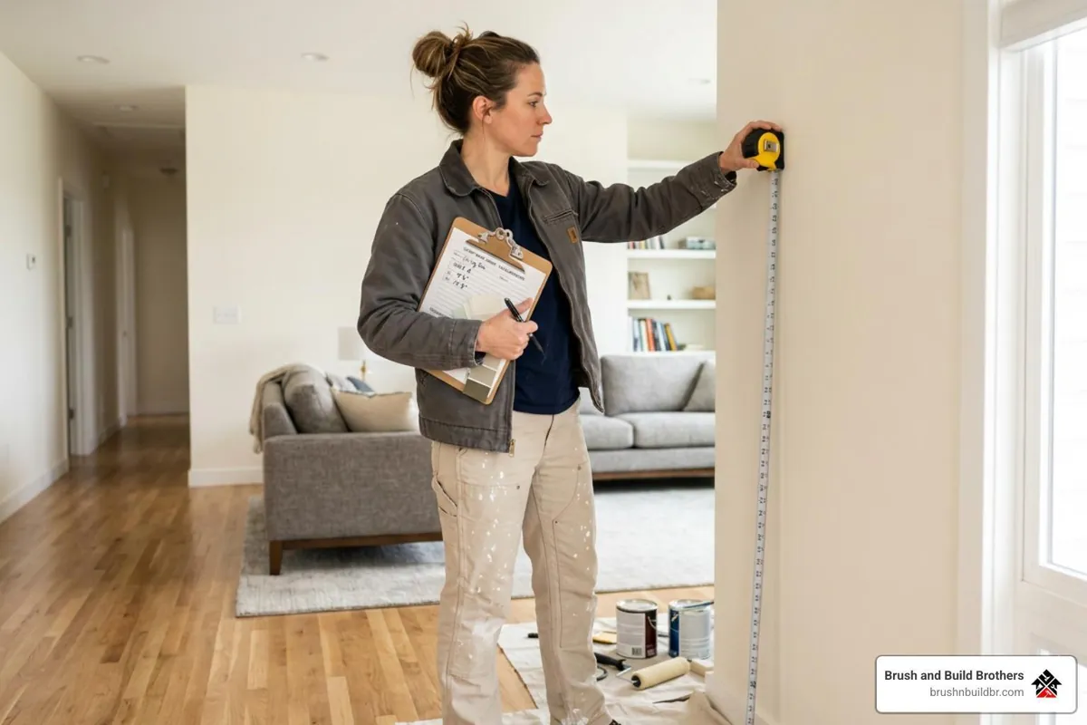 Painter measuring wall dimensions for an interior painting estimate